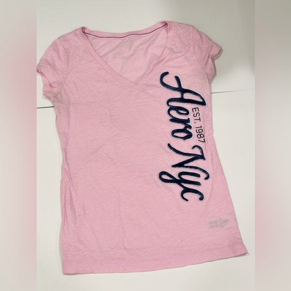 Y2K Aeropostale Logo Tee – Pink with Navy Blue Velvet Lettering – Size Small - Picture 1 of 5
